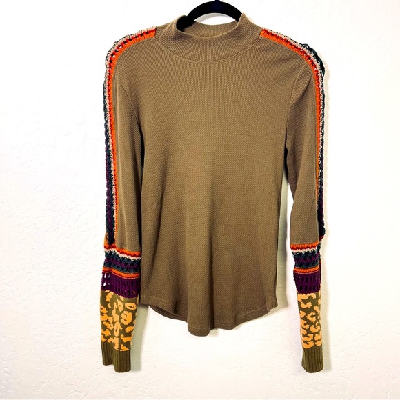 Free People Tops - Free People Thermal Waffle Knit Crochet Boho leopard Western Blouse